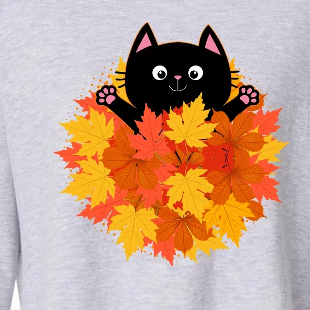 Cute Happy Black Cat Fall Autumn Leaves Cropped Pullover Crew