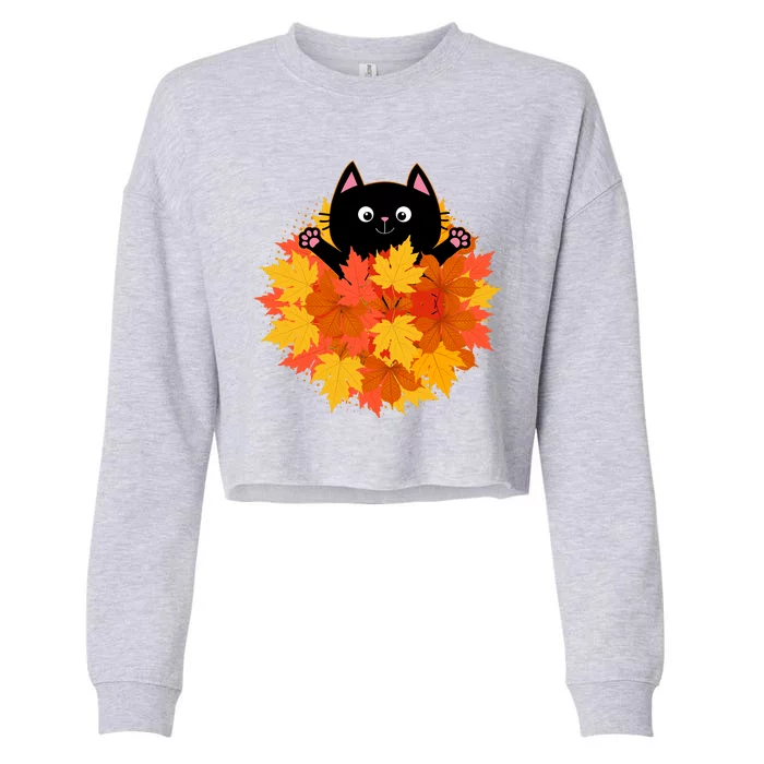 Cute Happy Black Cat Fall Autumn Leaves Cropped Pullover Crew