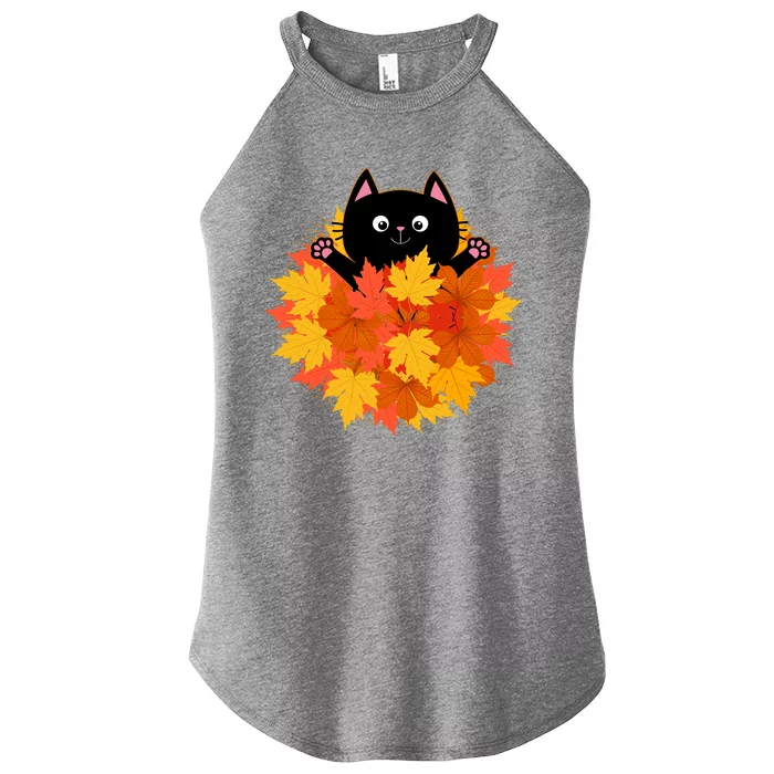 Cute Happy Black Cat Fall Autumn Leaves Women’s Perfect Tri Rocker Tank