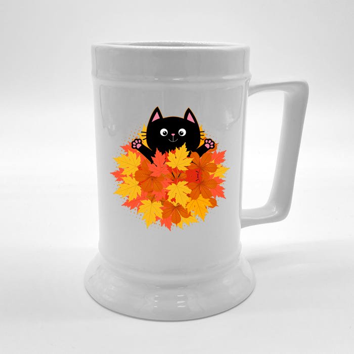 Cute Happy Black Cat Fall Autumn Leaves Front & Back Beer Stein