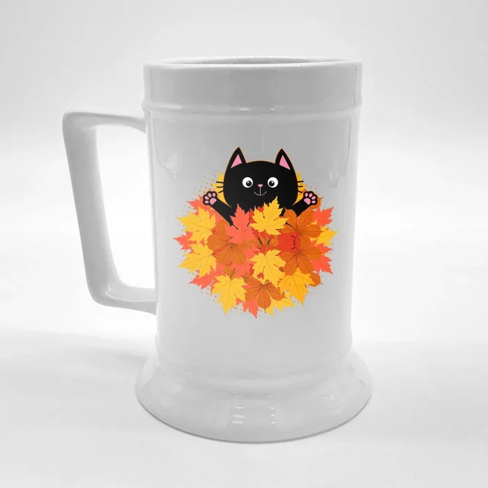 Cute Happy Black Cat Fall Autumn Leaves Front & Back Beer Stein