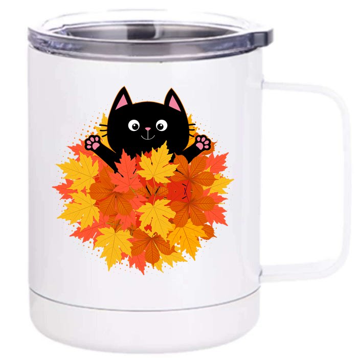 Cute Happy Black Cat Fall Autumn Leaves Front & Back 12oz Stainless Steel Tumbler Cup