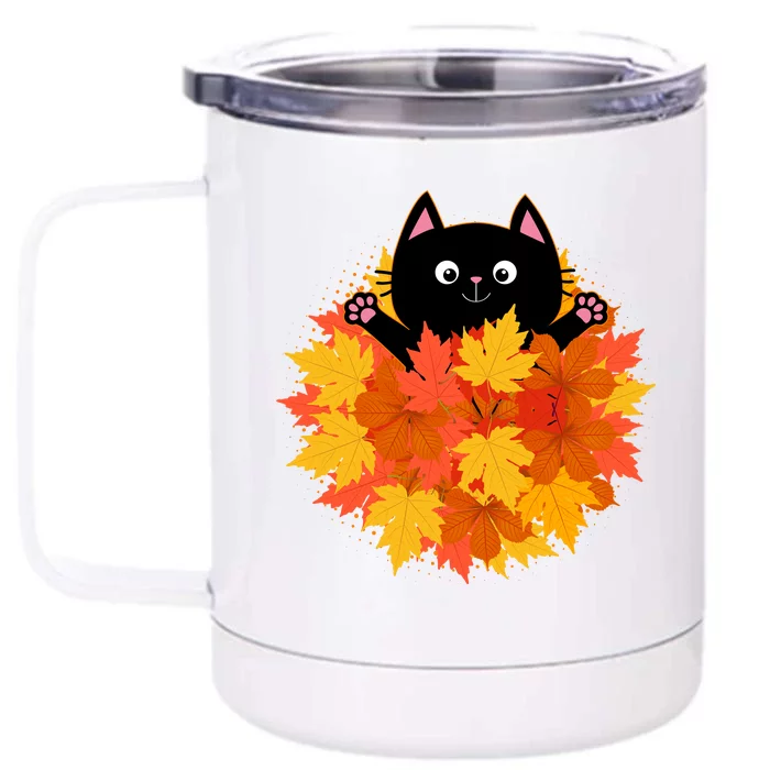 Cute Happy Black Cat Fall Autumn Leaves Front & Back 12oz Stainless Steel Tumbler Cup