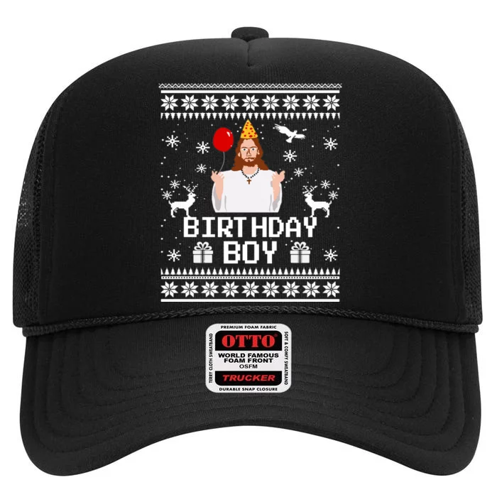 Christian Happy Birthday Jesus Birthday Boy Ugly Christmas Sweater High Crown Mesh Trucker Hat