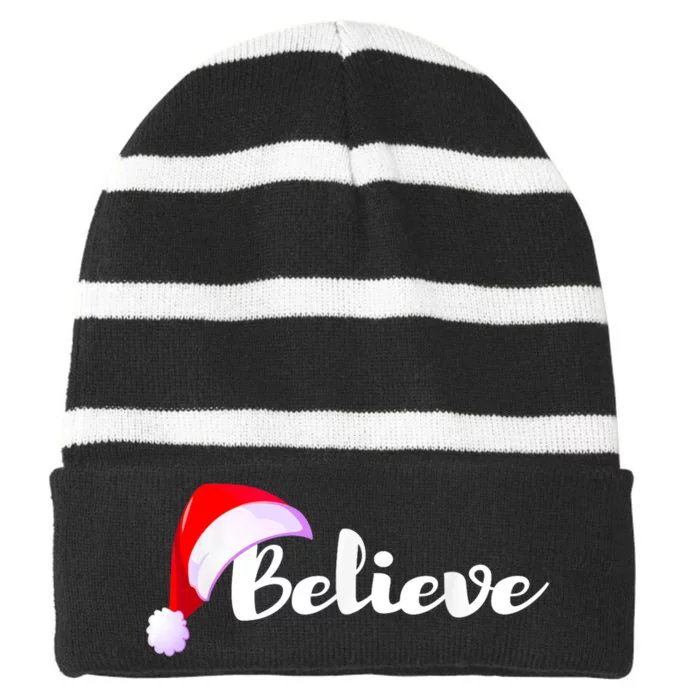 Christmas Holidays Believe Santa Claus Striped Beanie with Solid Band