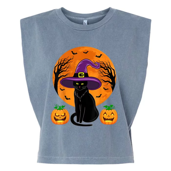 Cute Halloween Black Cat Witch Hat Pumpkin For Girl Garment-Dyed Women's Muscle Tee