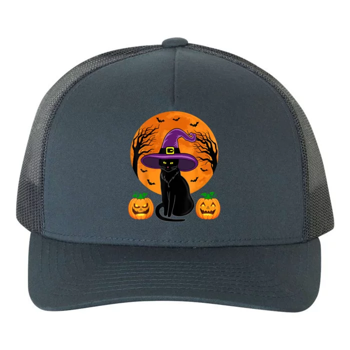 Cute Halloween Black Cat Witch Hat Pumpkin For Girl Yupoong Adult 5-Panel Trucker Hat