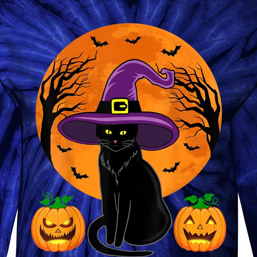 Cute Halloween Black Cat Witch Hat Pumpkin For Girl Tie-Dye Long Sleeve Shirt