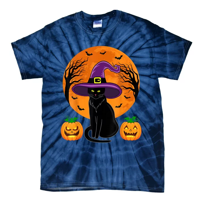 Cute Halloween Black Cat Witch Hat Pumpkin For Girl Tie-Dye T-Shirt