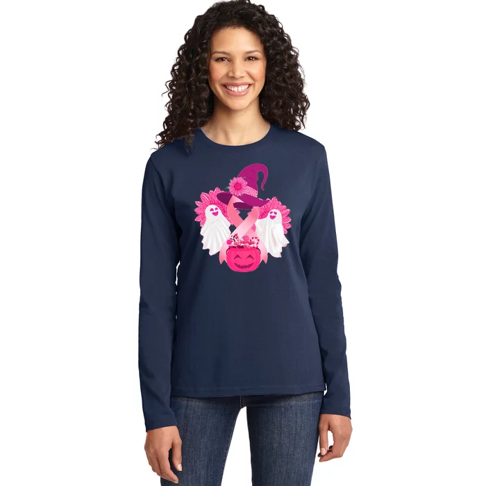 Cute Halloween Breast Cancer Awareness Ladies Long Sleeve Shirt