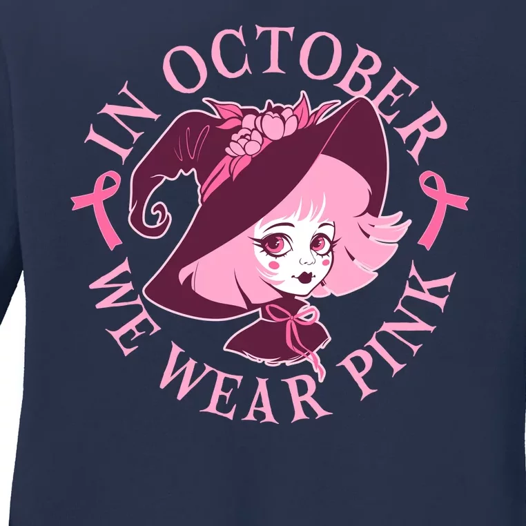 Cute Halloween Breast Cancer Awareness In October We Wear Pink Witch Ladies Long Sleeve Shirt