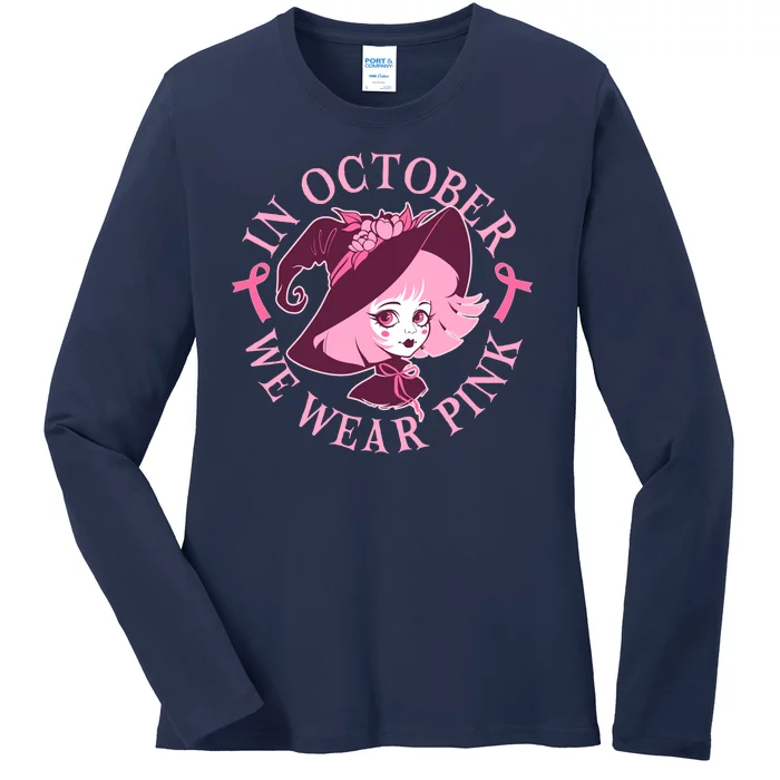 Cute Halloween Breast Cancer Awareness In October We Wear Pink Witch Ladies Long Sleeve Shirt