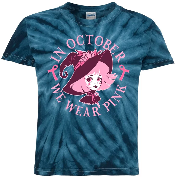 Cute Halloween Breast Cancer Awareness In October We Wear Pink Witch Kids Tie-Dye T-Shirt