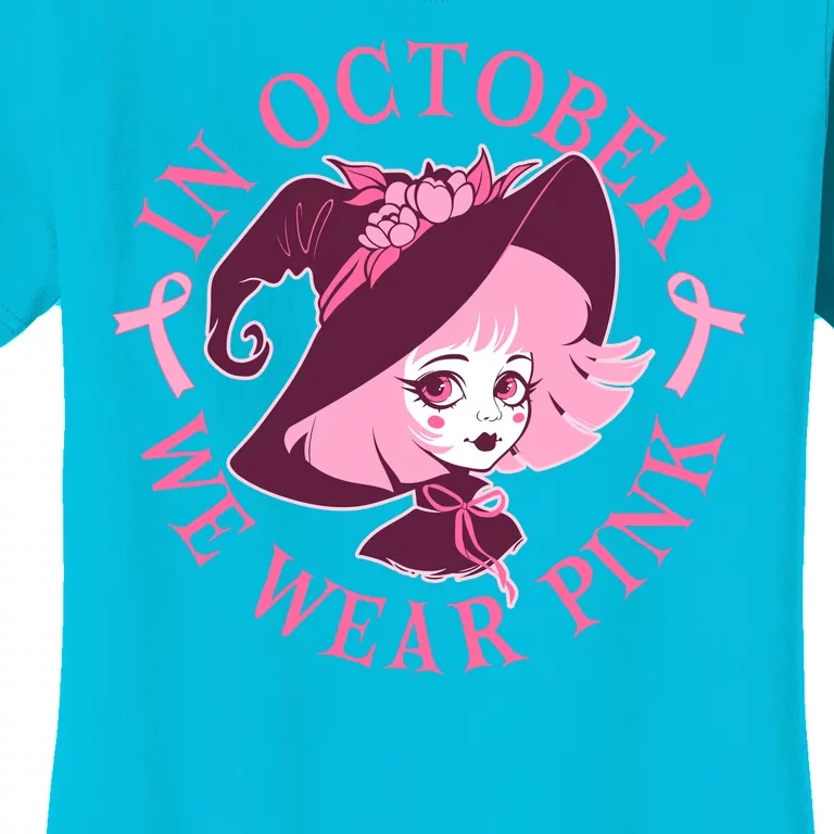 Cute Halloween Breast Cancer Awareness In October We Wear Pink Witch Women's T-Shirt