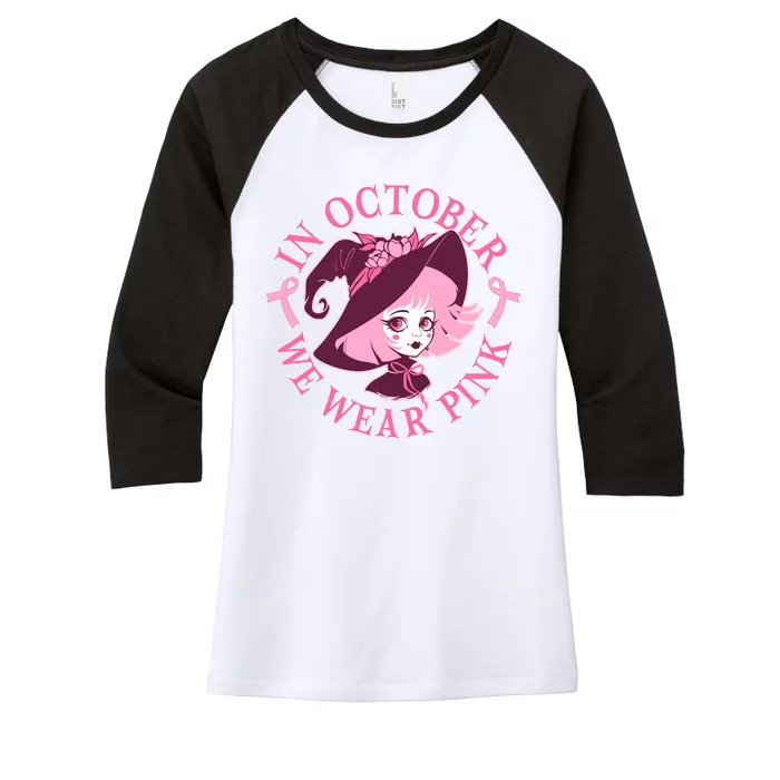 Cute Halloween Breast Cancer Awareness In October We Wear Pink Witch Women's Tri-Blend 3/4-Sleeve Raglan Shirt