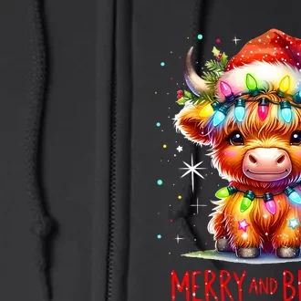 Cute Highland Baby Cow Christmas Lights Merry & Bright Xmas Full Zip Hoodie