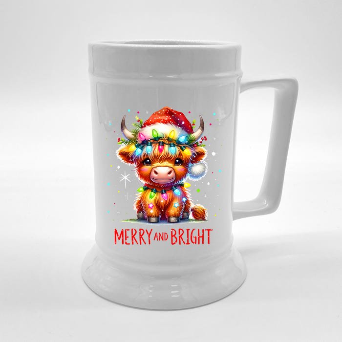 Cute Highland Baby Cow Christmas Lights Merry & Bright Xmas Front & Back Beer Stein