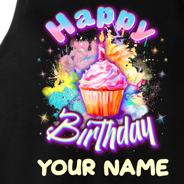 Cute Happy Birthday Graffiti Cupcake Personalized Custom Name Ladies Tri-Blend Wicking Tank