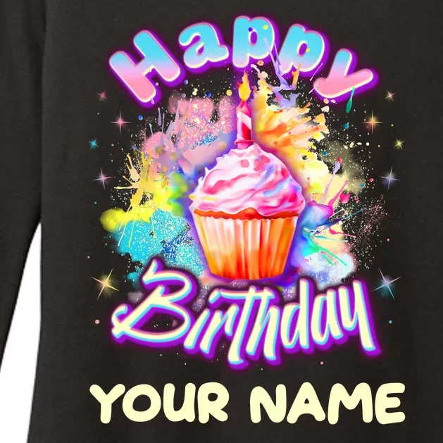 Cute Happy Birthday Graffiti Cupcake Personalized Custom Name Womens CVC Long Sleeve Shirt