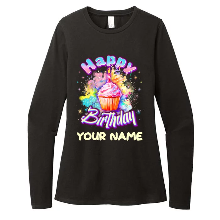 Cute Happy Birthday Graffiti Cupcake Personalized Custom Name Womens CVC Long Sleeve Shirt