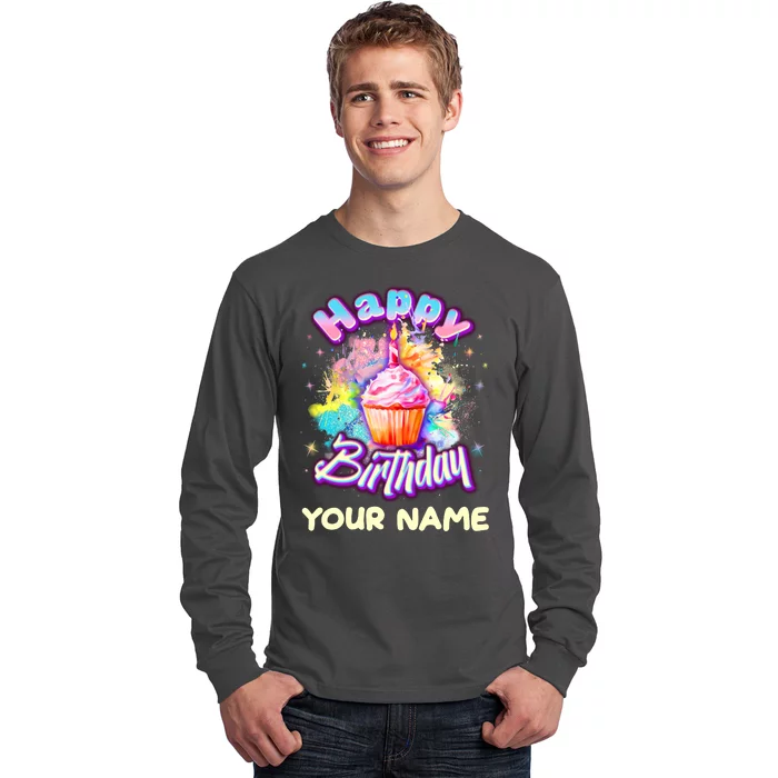 Cute Happy Birthday Graffiti Cupcake Personalized Custom Name Long Sleeve Shirt