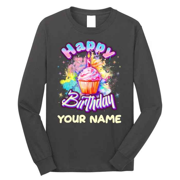 Cute Happy Birthday Graffiti Cupcake Personalized Custom Name Long Sleeve Shirt