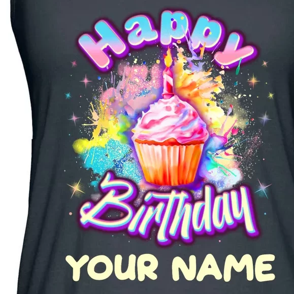 Cute Happy Birthday Graffiti Cupcake Personalized Custom Name Ladies Essential Flowy Tank