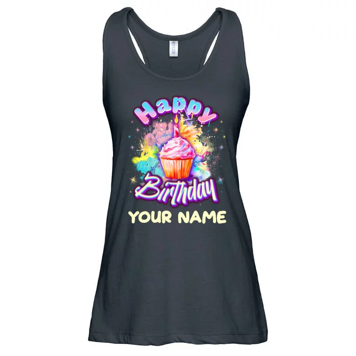 Cute Happy Birthday Graffiti Cupcake Personalized Custom Name Ladies Essential Flowy Tank