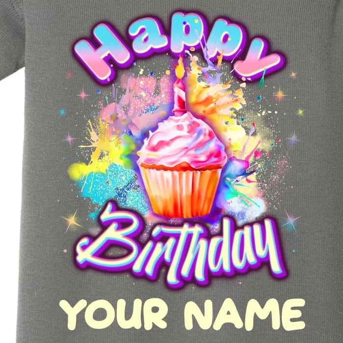 Cute Happy Birthday Graffiti Cupcake Personalized Custom Name Baby Bodysuit