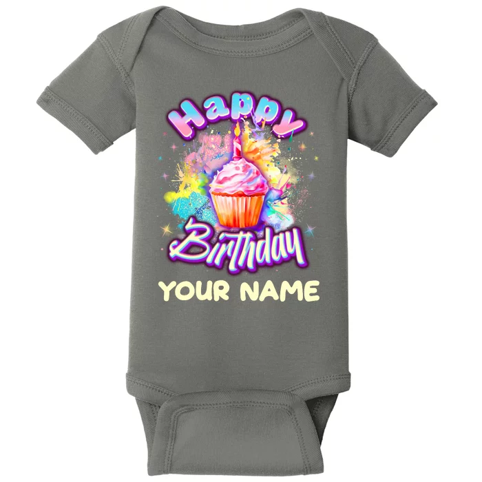 Cute Happy Birthday Graffiti Cupcake Personalized Custom Name Baby Bodysuit