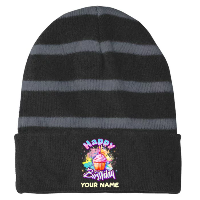 Cute Happy Birthday Graffiti Cupcake Personalized Custom Name Striped Beanie with Solid Band