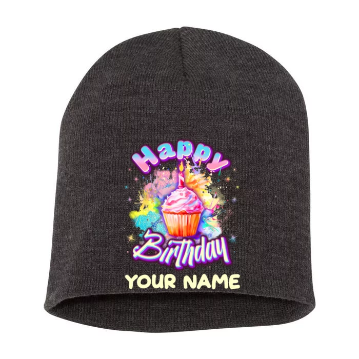 Cute Happy Birthday Graffiti Cupcake Personalized Custom Name Short Acrylic Beanie