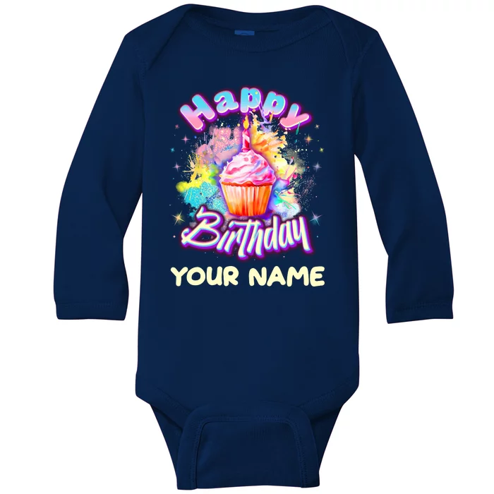 Cute Happy Birthday Graffiti Cupcake Personalized Custom Name Baby Long Sleeve Bodysuit