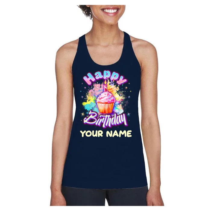 Cute Happy Birthday Graffiti Cupcake Personalized Custom Name Women's Racerback Tank