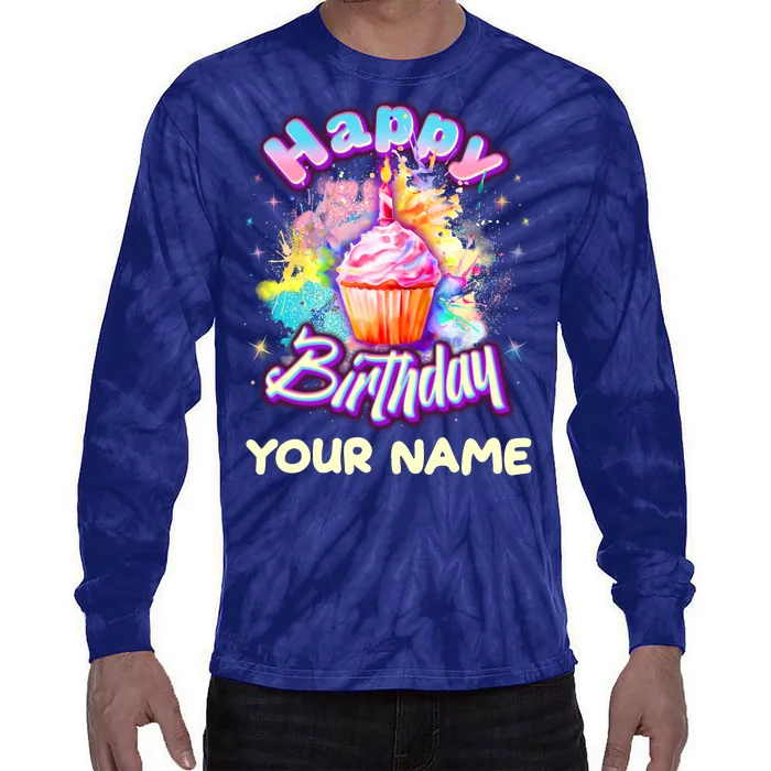 Cute Happy Birthday Graffiti Cupcake Personalized Custom Name Tie-Dye Long Sleeve Shirt