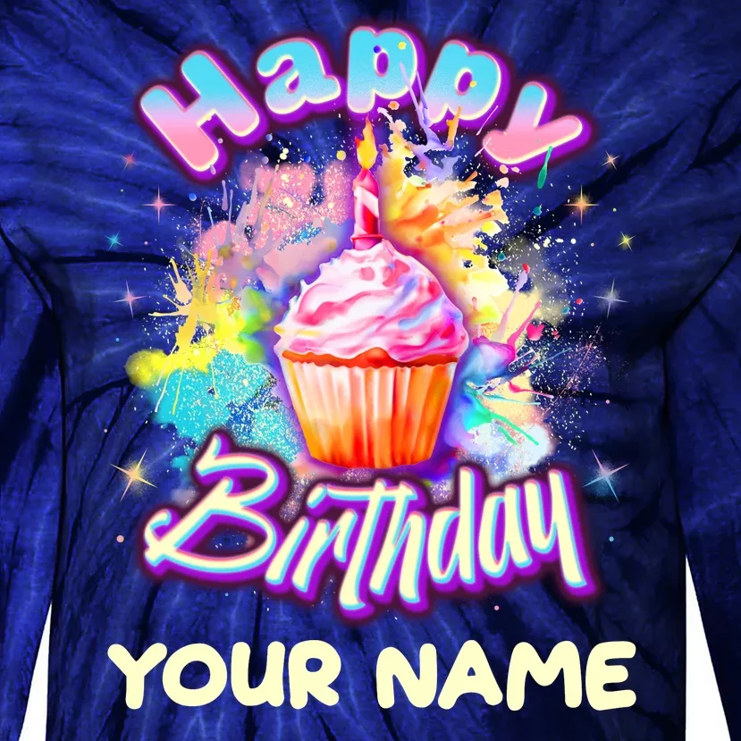 Cute Happy Birthday Graffiti Cupcake Personalized Custom Name Tie-Dye Long Sleeve Shirt