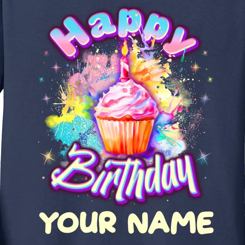 Cute Happy Birthday Graffiti Cupcake Personalized Custom Name Kids Long Sleeve Shirt