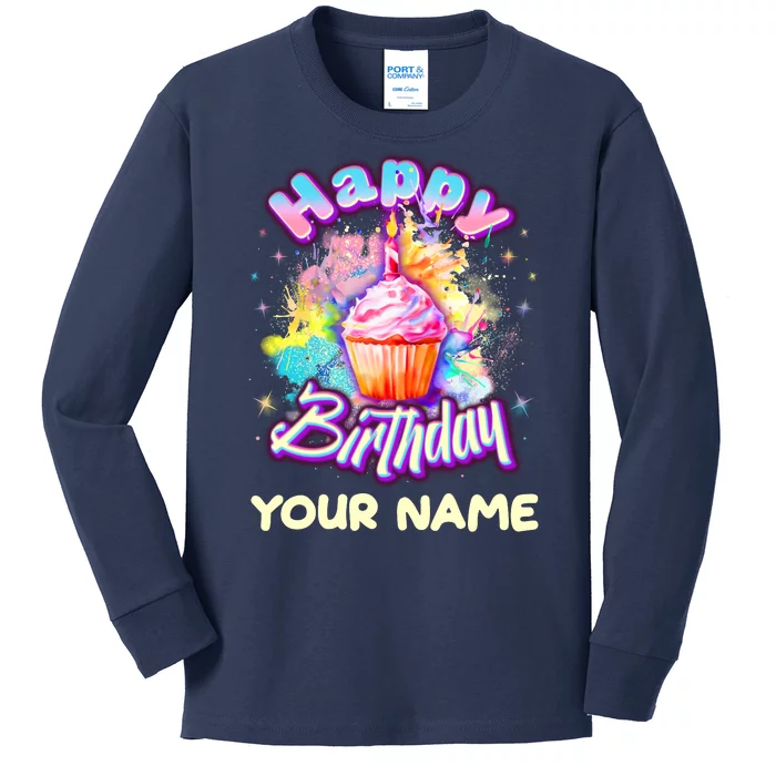 Cute Happy Birthday Graffiti Cupcake Personalized Custom Name Kids Long Sleeve Shirt