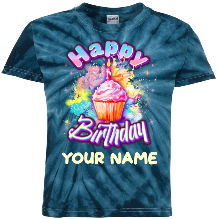 Cute Happy Birthday Graffiti Cupcake Personalized Custom Name Kids Tie-Dye T-Shirt