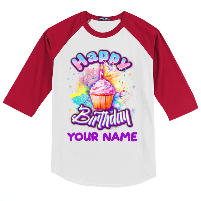 Cute Happy Birthday Graffiti Cupcake Personalized Custom Name Kids Colorblock Raglan Jersey