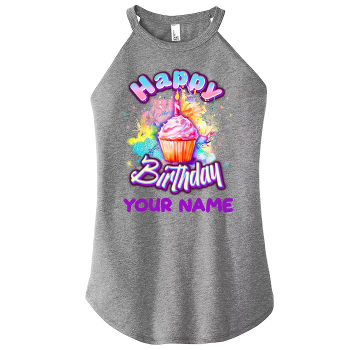 Cute Happy Birthday Graffiti Cupcake Personalized Custom Name Women’s Perfect Tri Rocker Tank