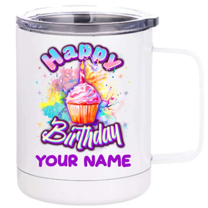 Cute Happy Birthday Graffiti Cupcake Personalized Custom Name Front & Back 12oz Stainless Steel Tumbler Cup