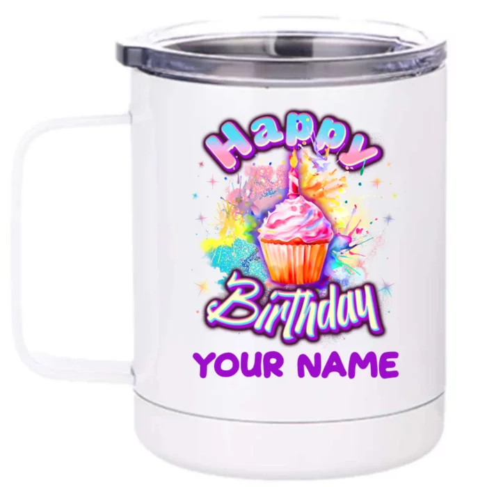 Cute Happy Birthday Graffiti Cupcake Personalized Custom Name Front & Back 12oz Stainless Steel Tumbler Cup