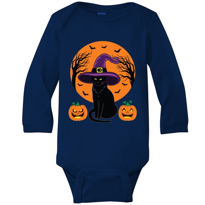 Cute Halloween Black Cat Witch Hat Pumpkin For Kids Girls Baby Long Sleeve Bodysuit