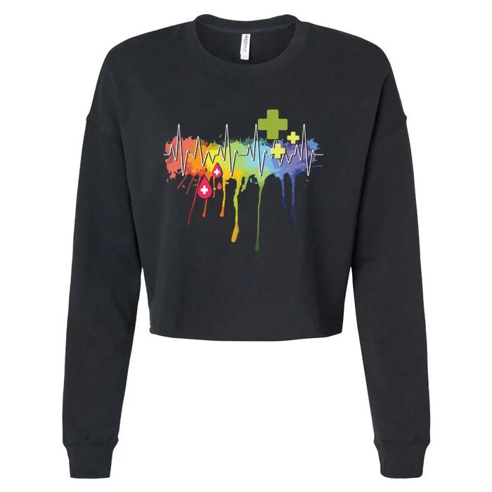 Colorful Heartbeat Blood Phlebotomy Blood Donor Cropped Pullover Crew