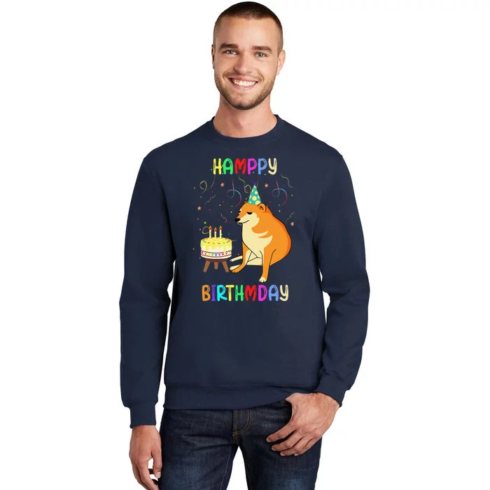 Cheems Happy Birthday Meme Funny Party Dog Confetti Cake Tall Sweatshirt