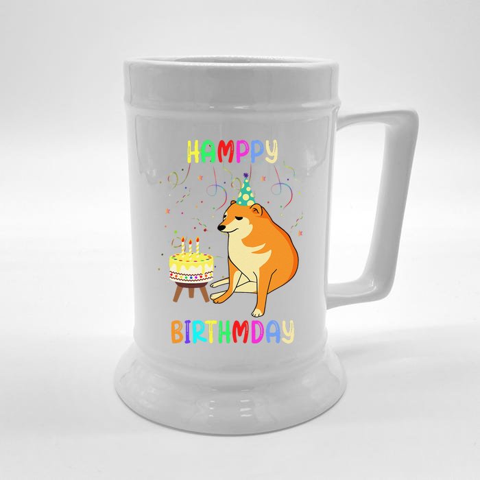 Cheems Happy Birthday Meme Funny Party Dog Confetti Cake Front & Back Beer Stein