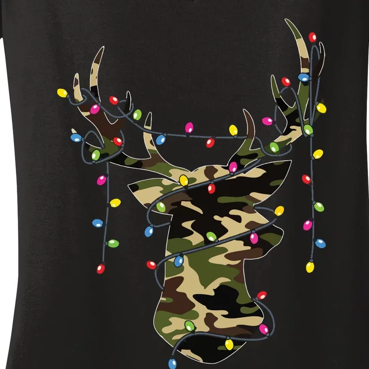 Christmas Holiday Camo Hunting Reindeer Deer Xmas Lights Women's V-Neck T-Shirt