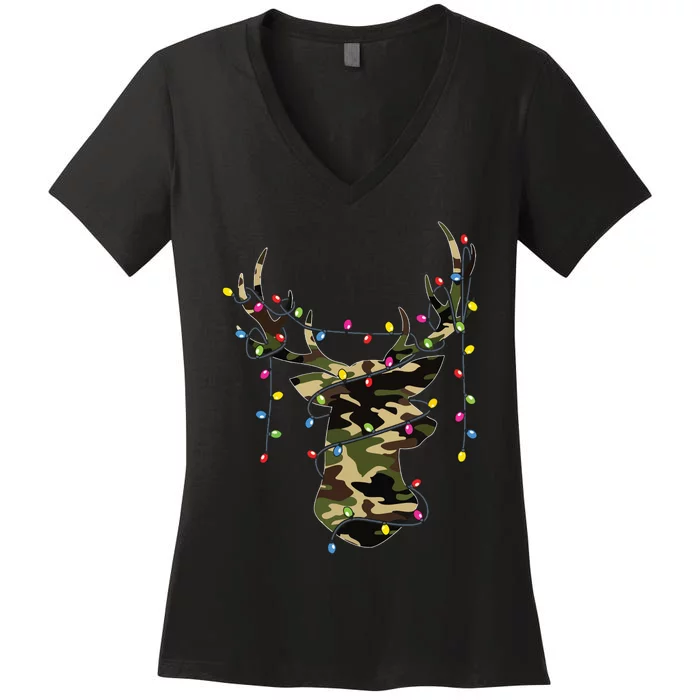 Christmas Holiday Camo Hunting Reindeer Deer Xmas Lights Women's V-Neck T-Shirt