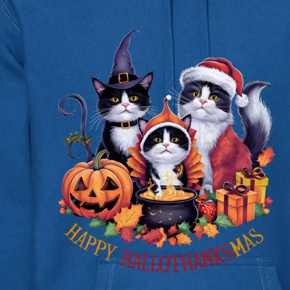 Cat Halloween Christmas Happy Hallothanksmas Thanksgiving Gift Premium Hoodie